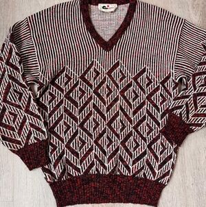 Vintage Cooper Burgundy Geometric V-Neck Wool Blend Men's Grandpa Sweater Size M